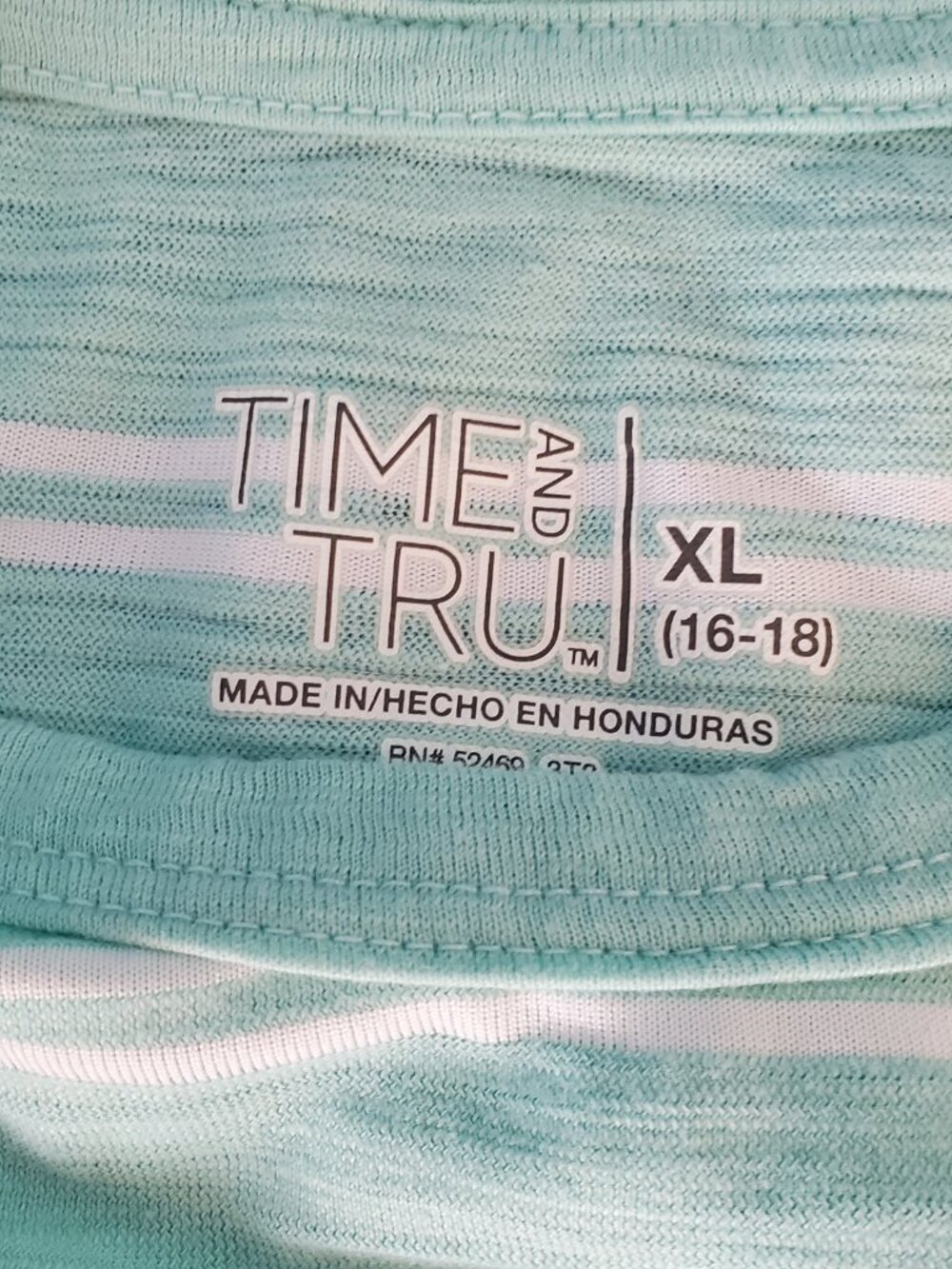 Time And Tru Tee Size XL (16-18) Teal & White Striped Short Sleeve - Picture 4 of 6